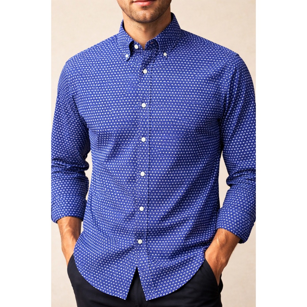 NEW Polo Ralph Lauren Shirt Mens Large Blue White Geometric Square Print L